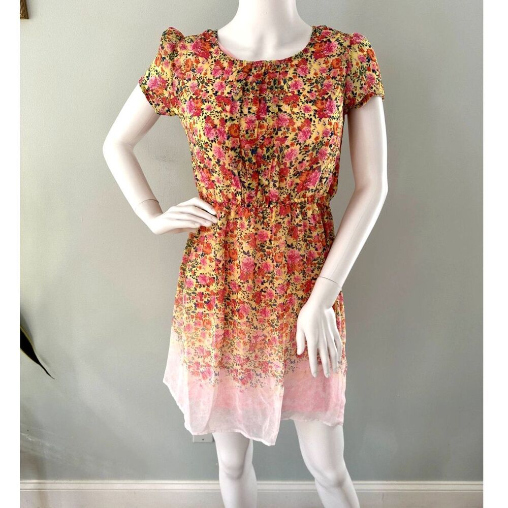 Disney D-signed Yellow Orange Floral Chiffon Short Sleeve Ombre Dress size JR M